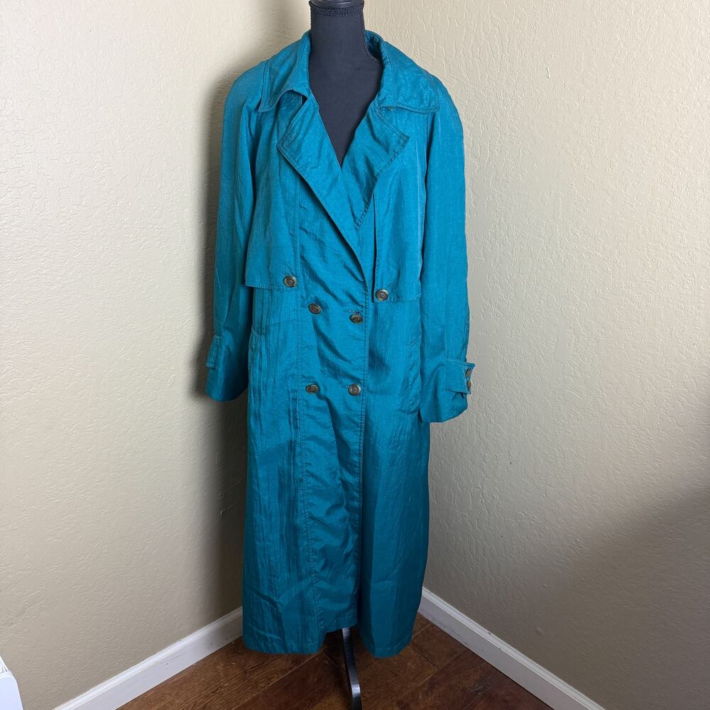 Vintage Saxton Hall Women’s Teal Long Trench Coat Size 16 Geometric Lined